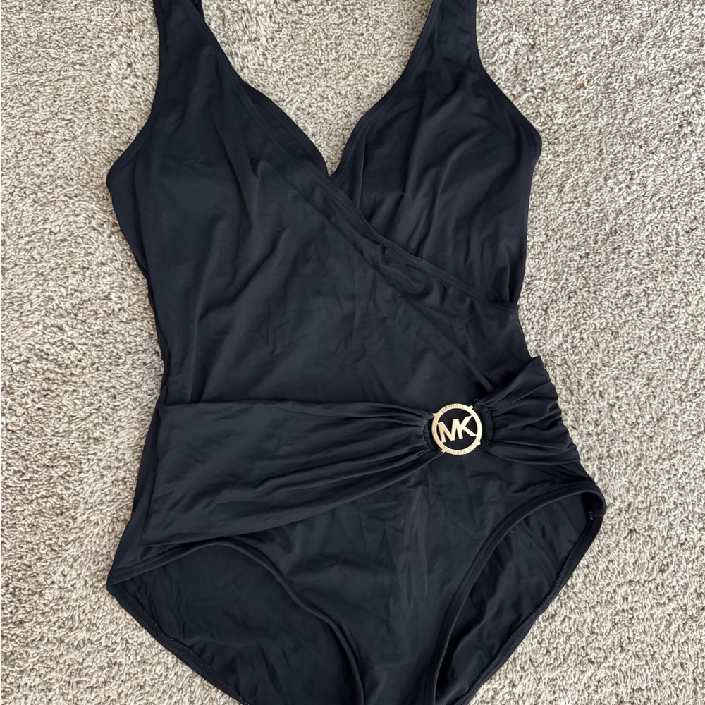 Michael Kors Black Bodysuit with V-Neckline and Gold Accent